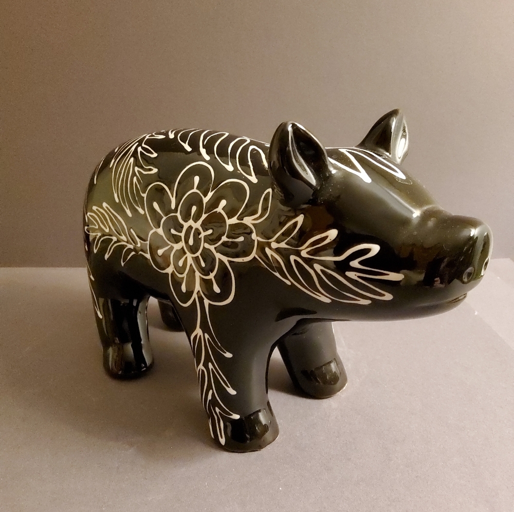 Black Enamel Glazed Pottery Pig made in Mexico
